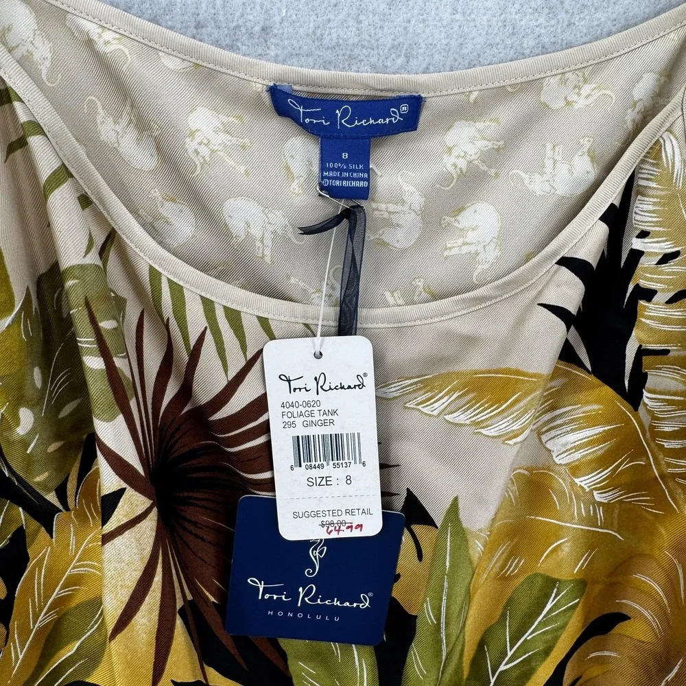 Tori Richard Tank Top Womens 8 Silk Hawaiian Leaf Print Foliage Brown Yellow NWT - Picture 3 of 6
